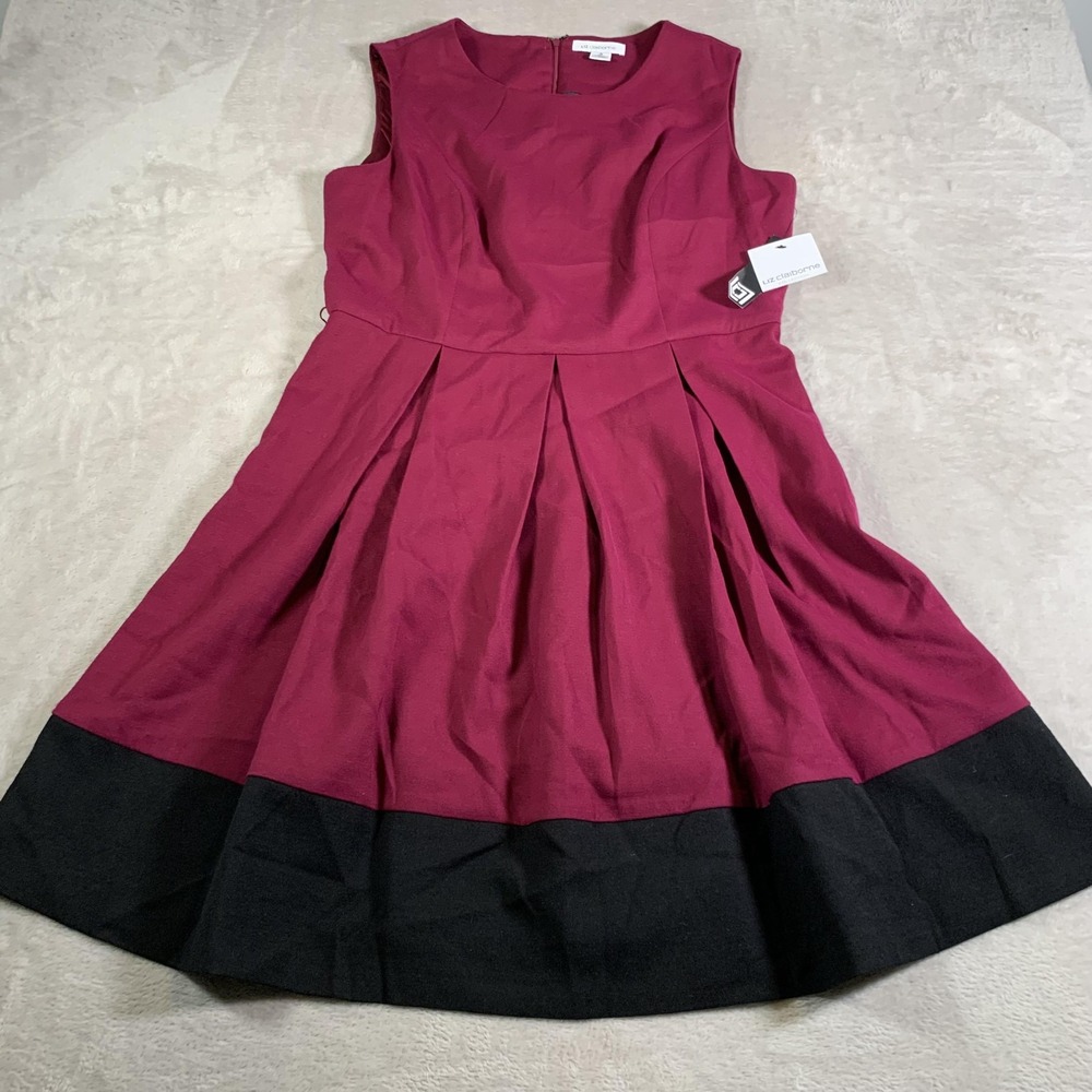 Liz Claiborne Dress Womens 16 Burgundy Black Fit & Flare Pleated‎ Colorblock NEW